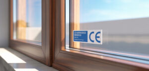 Närbild av CE-märkning på ett fönster, träram och text.