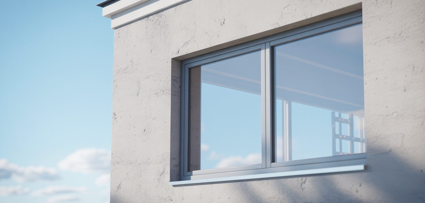 Fönstermontage av modernt fönster i ljus fasad, minimalistisk stil.