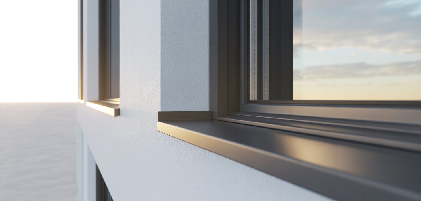 Fönsterbleck med korrekt lutning, minimalistisk design, svart metall mot vit vägg, solljus.