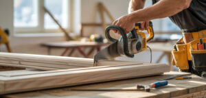 Hantverkare sågar fönsterkarm med tigersåg under fönsterbyte