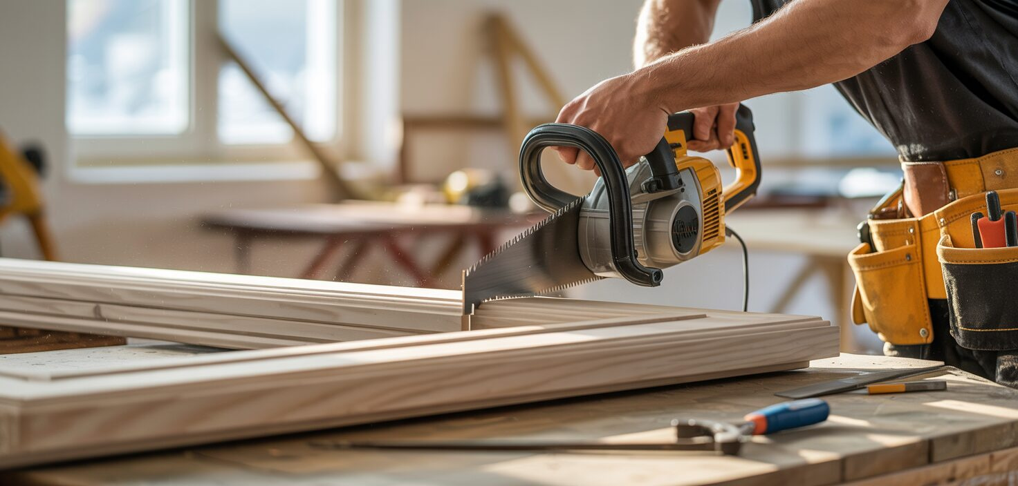 Hantverkare sågar fönsterkarm med tigersåg under fönsterbyte