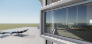 Modernt fönster med vita ramar och reflekterande utsikt. Fokus på glaset och ramen, minimal bakgrund.