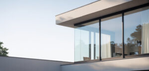 Modernt hus med 3-glas fönster som reflekterar himlen