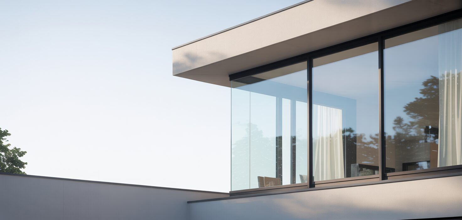 Modernt hus med 3-glas fönster som reflekterar himlen