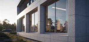 Fönster på ett modernt hus med passivhusstandard, fotograferat utomhus i solljus, med fokus på minimalism.