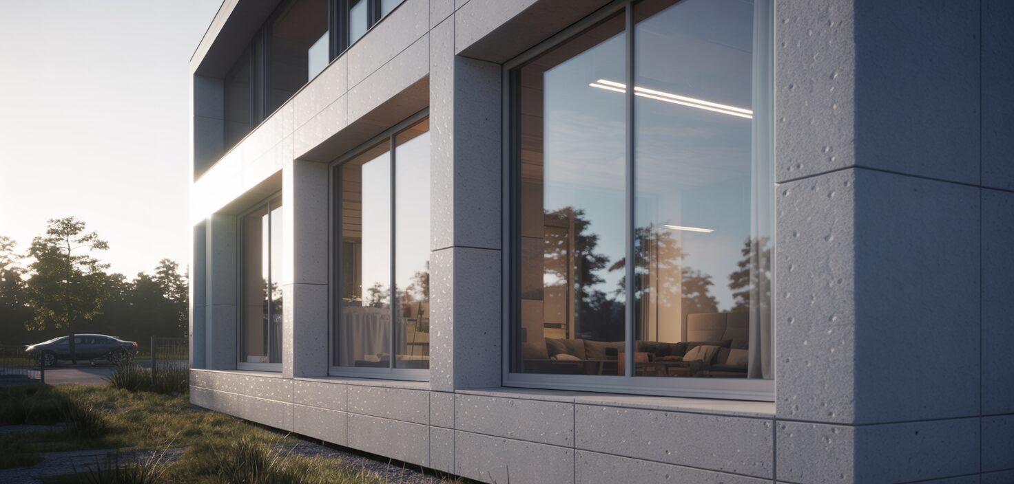 Fönster på ett modernt hus med passivhusstandard, fotograferat utomhus i solljus, med fokus på minimalism.