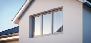 Fotorealistisk bild av ett modernt hus med ett nytt 3-glasfönster, som uppfyller BBR-krav för säkerhet och energieffektivitet.