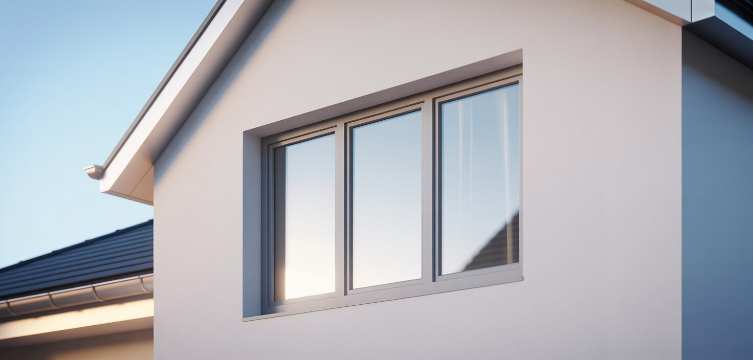 Fotorealistisk bild av ett modernt hus med ett nytt 3-glasfönster, som uppfyller BBR-krav för säkerhet och energieffektivitet.