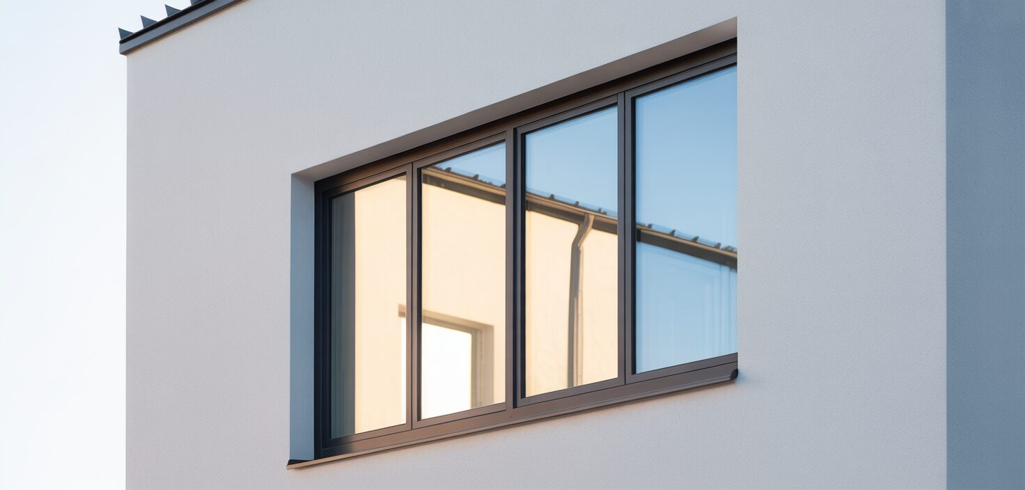 Exteriör av modernt hus med trä/alu fönster i minimalistisk stil.