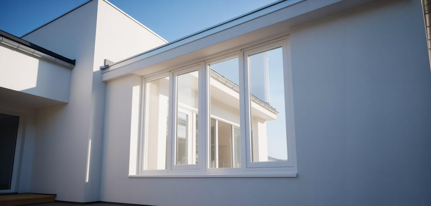 Nyinstallerat vitt PVC-fönster i modernt hus med minimalistisk design.