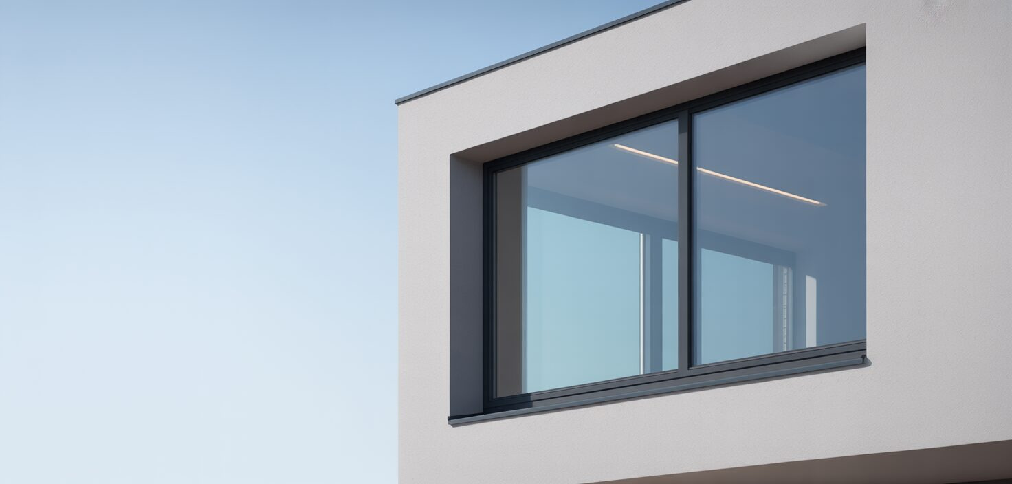 Nyinstallerat trä/alu-fönster i ett modernt hus i skandinavisk stil. Minimalistisk design och rent utseende.