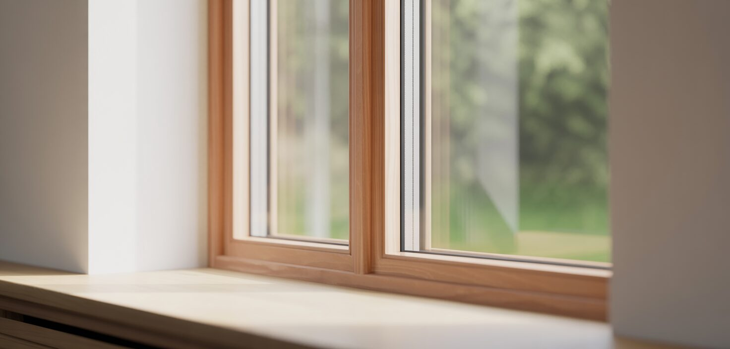 Fotorealistiskt foto av nytt träfönster med dubbelglas i minimalistisk miljö.