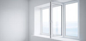 Nyinstallerat vitt fönster i minimalistisk miljö. Fokus på fönsterramen och det rena ljuset.