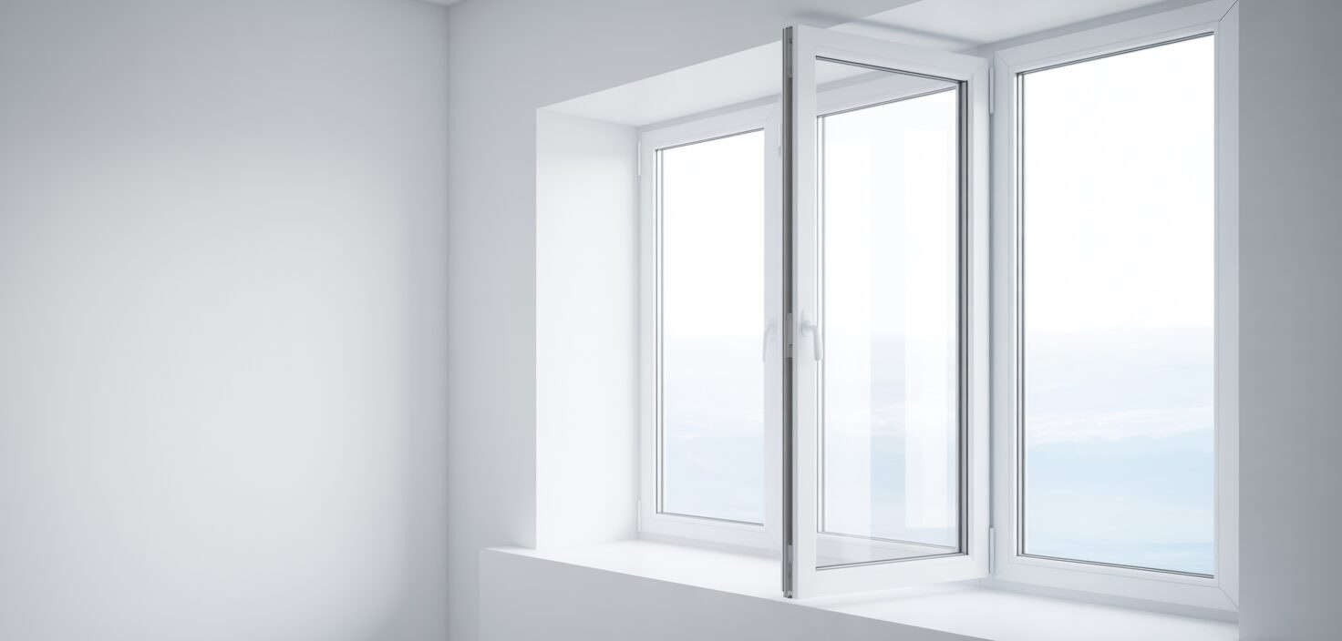 Nyinstallerat vitt fönster i minimalistisk miljö. Fokus på fönsterramen och det rena ljuset.