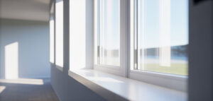 Fotorealistisk bild av ett nytt, vitt fönster i ett modernt svenskt hem, med fokus på minimalism och rent ljus.