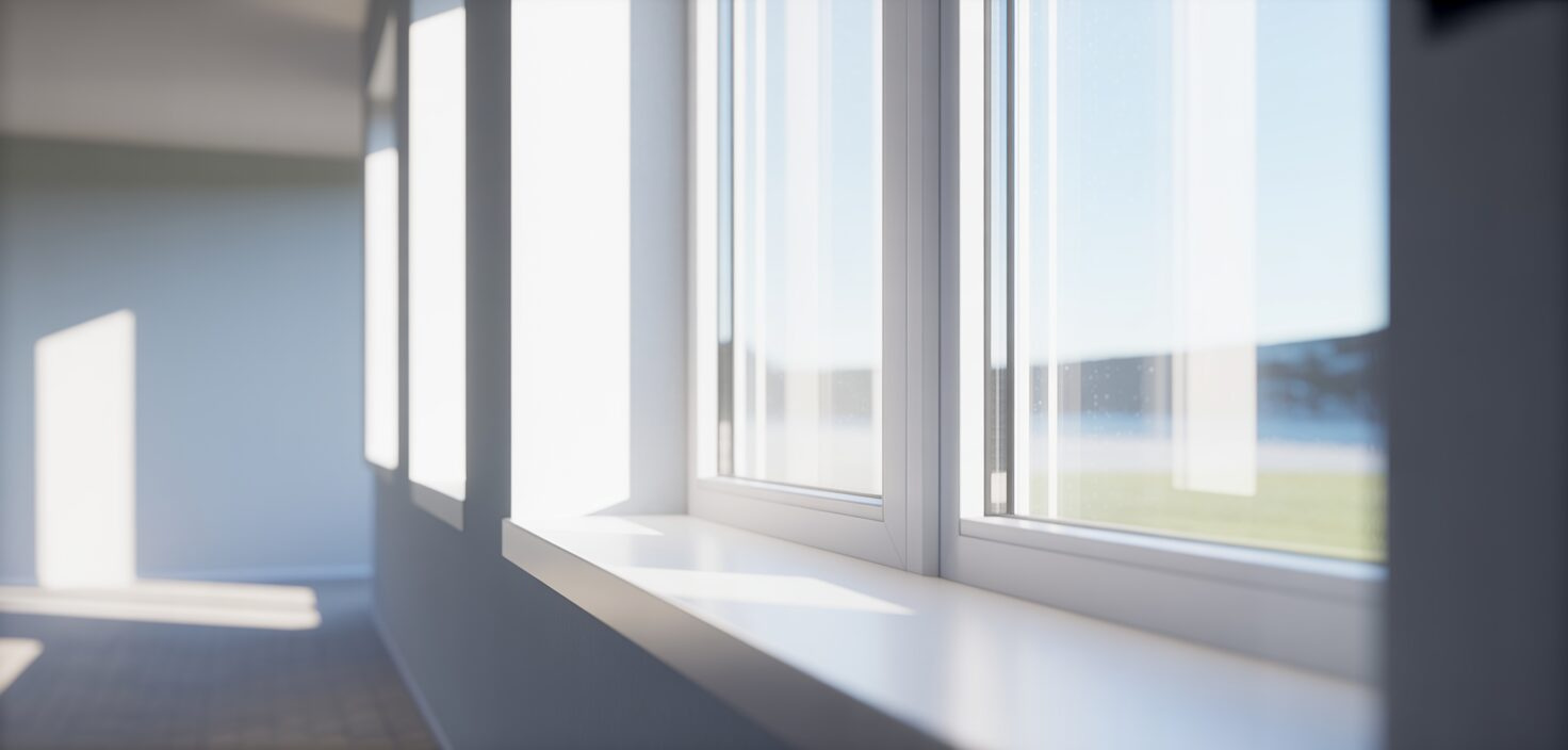 Fotorealistisk bild av ett nytt, vitt fönster i ett modernt svenskt hem, med fokus på minimalism och rent ljus.