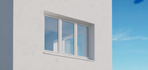 Nyinstallerat vitt PVC-fönster i en modern villa, fotograferat utomhus i solljus, ultra-minimalistisk design.