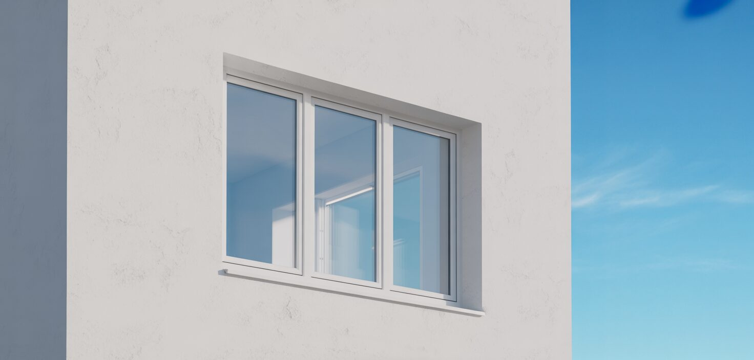 Nyinstallerat vitt PVC-fönster i en modern villa, fotograferat utomhus i solljus, ultra-minimalistisk design.