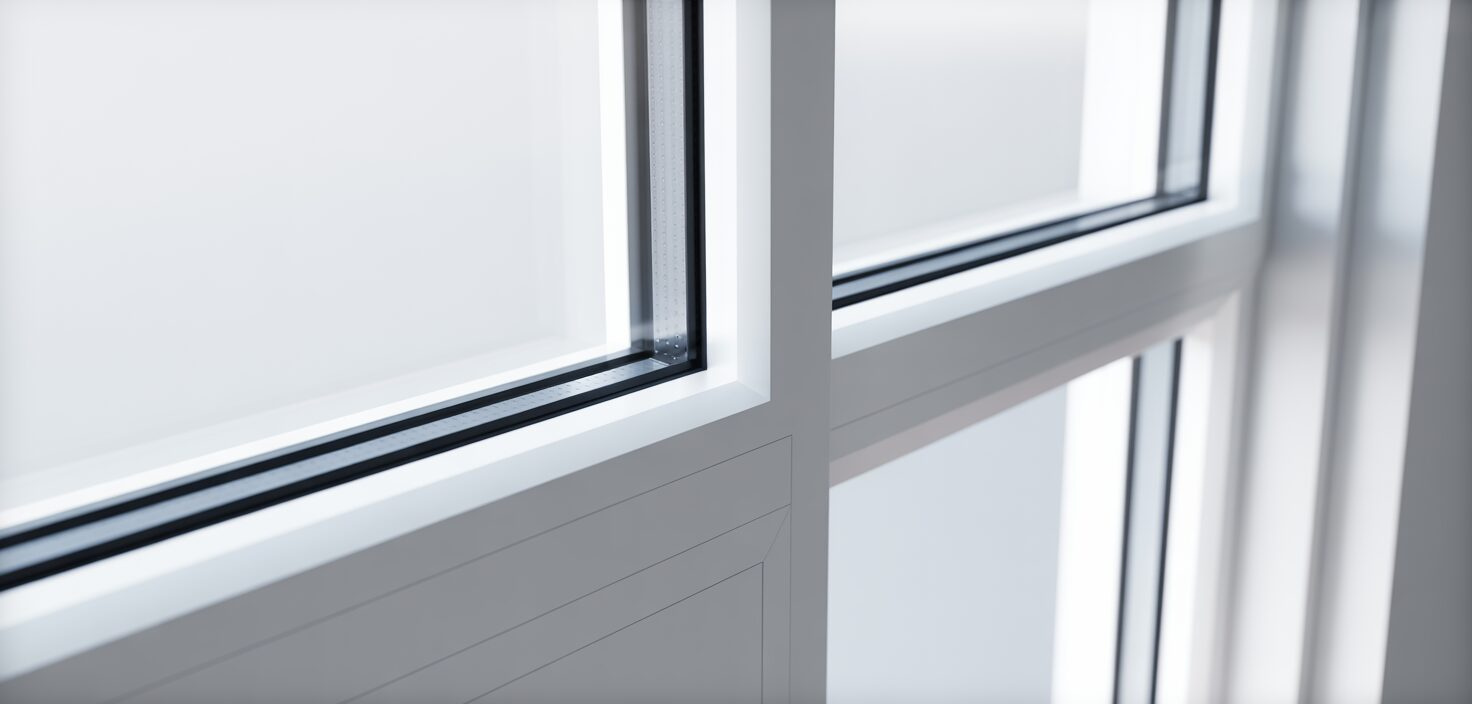 Närbild av ett modernt vitt PVC-fönster, med fokus på ren design och ljusinsläpp.